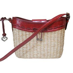 VTG BRIGHTON Tan Wicker Shoulder Purse w/ Red Leather Trim Shoulder Strap
